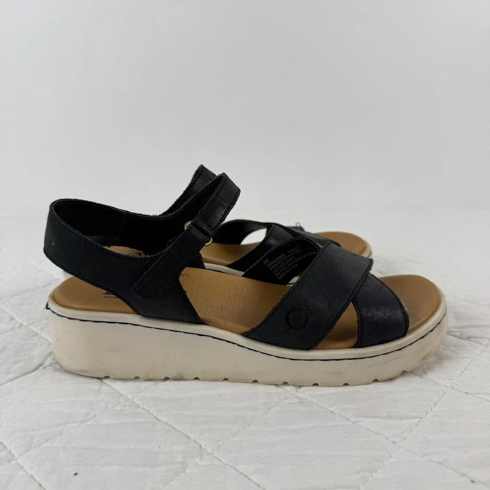 BORN Katrina Leather‎ Ankle Strap Platform Wedge Sandals Women Size 8M Black